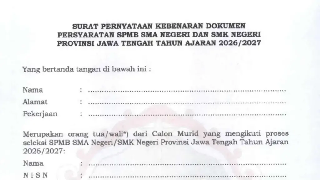 Format Surat Pernyataan Kebenaran Dokumen SPMB Jateng 2026